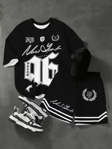 Teen Boys' Trendy Set, Short Sleeve T-Shirt & Loose Shorts, Perfect for Athletic Outdoor Activities, Casual All over Print