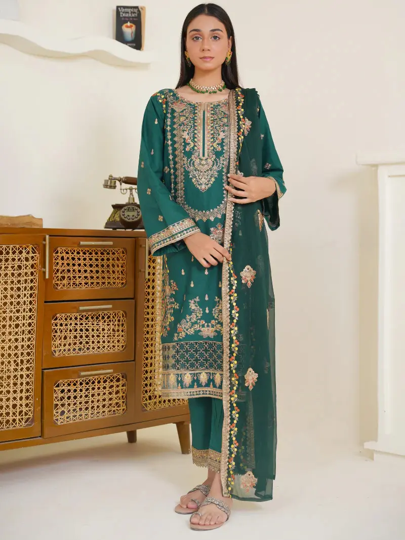 Handmade Women's Suit Set, 3-Piece Embroidered Lawn Clothes in Dark Green, Ready to Wear Long Pants and Top for Casual or Formal Elegance, Elegant For Events