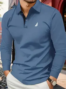 C8-182Men's High-End Fitted Long Sleeve Polo Shirt, Geometric Fashionable Comfortable Casual Business Wear, All-Season Golf Outdoor Sports Clothing Top