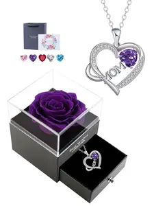 Love Heart Mom Pendant Necklace With Purple Rose Jewelry Gift Box, I Love You Mom Necklace, Ideal Birthday Mother's Day Gifts for Mom Grandma Wife, Exquisite Jewelry Gift