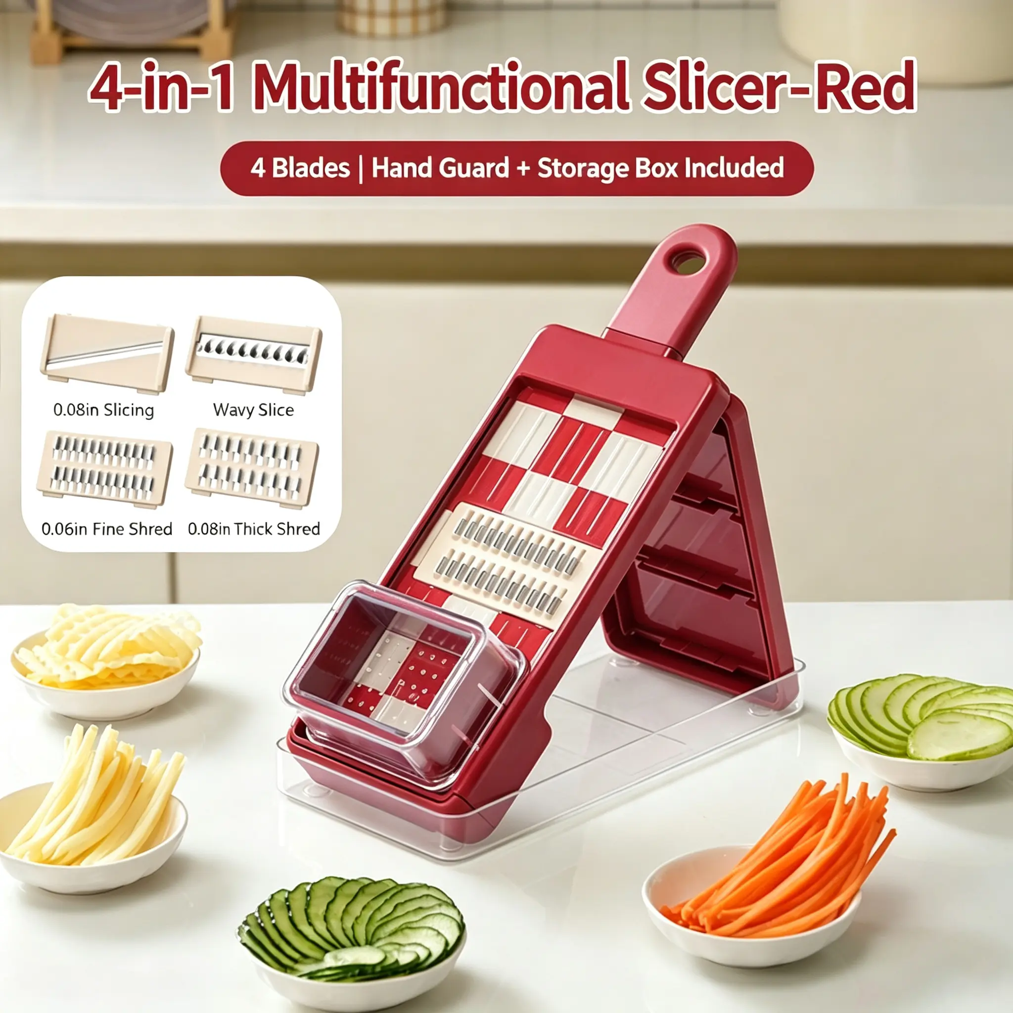 4‑in‑1 Vegetable Slicer, Multifunctional Mandoline Slicer with 4 Interchangeable Blades, Safety Hand Guard & Storage Container, Foldable Kitchen Chopper for Potato Carrot Cucumber, Red