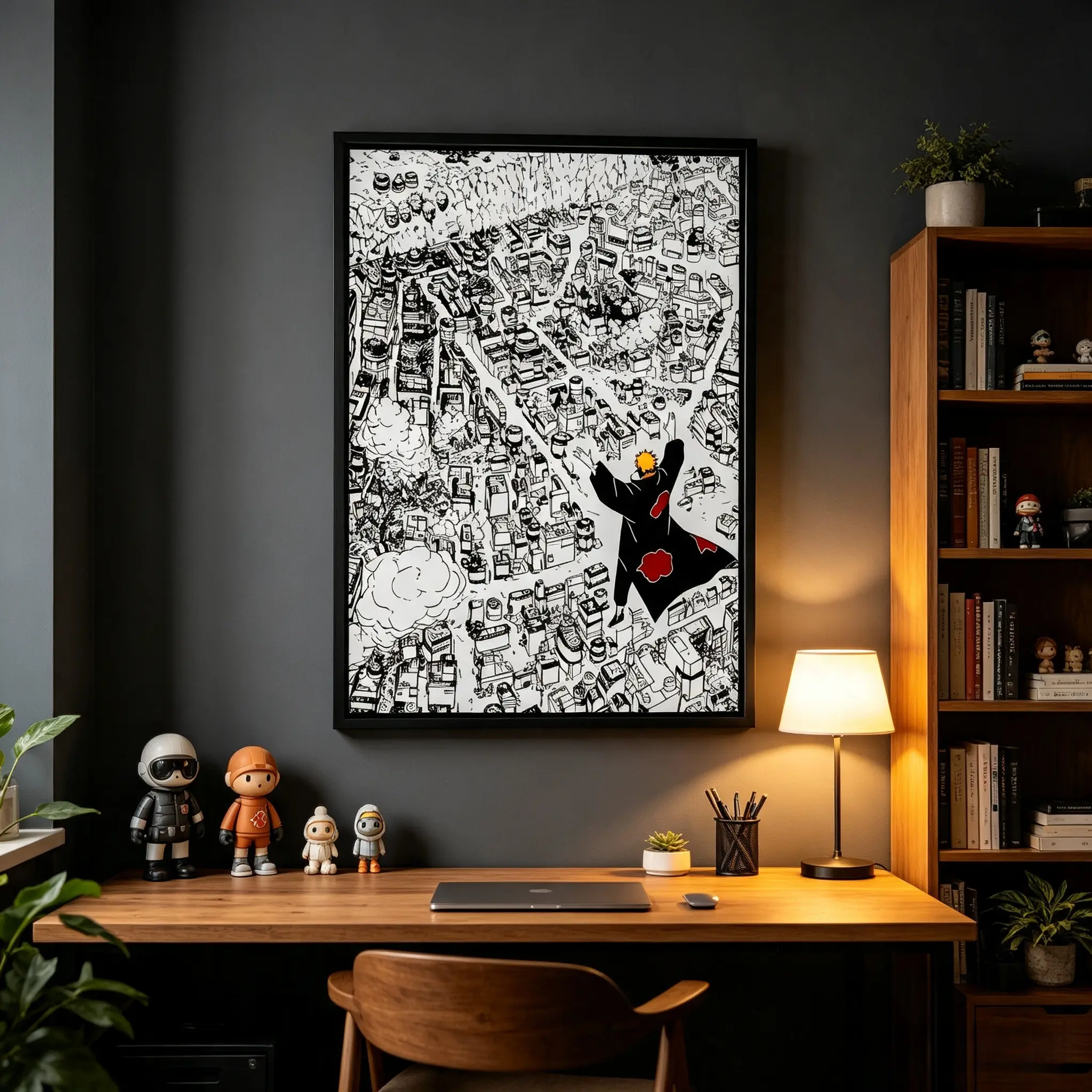 Naruto Pain Destroy Village Canvas Wall Art, Black White Manga Framed Poster, Anime Wall Decor for Gaming Room Man Cave