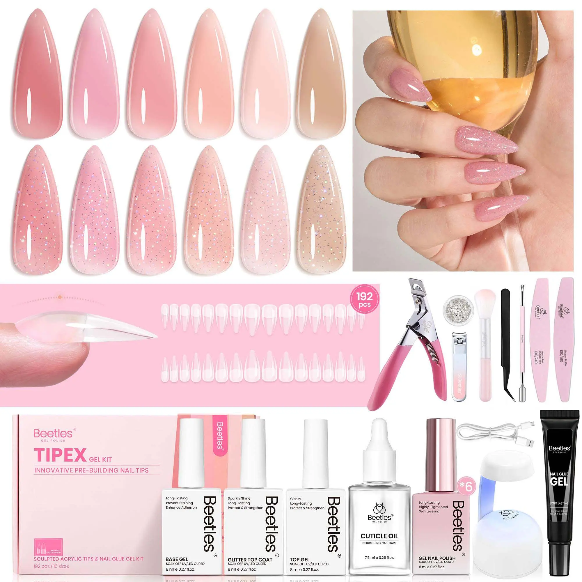Beetles Tipex Nail Art Kit with Gel Polish, 192pcs Tipex Nail Tips with Gel Nail Polish Solid Nail Glue Base & Top Coat DIY Manicure Cutics Gift for Women Girls mothersdaygift #Summervibes outdoorfun, Gel Nail Polish Set