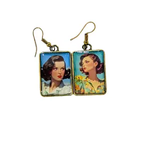 ByMalarie Handmade Vintage Portrait Rectangle Earrings Retro Pin-Up Dangle Lightweight Resin Jewelry Gold-Tone Frame Hypoallergenic Fish Hook