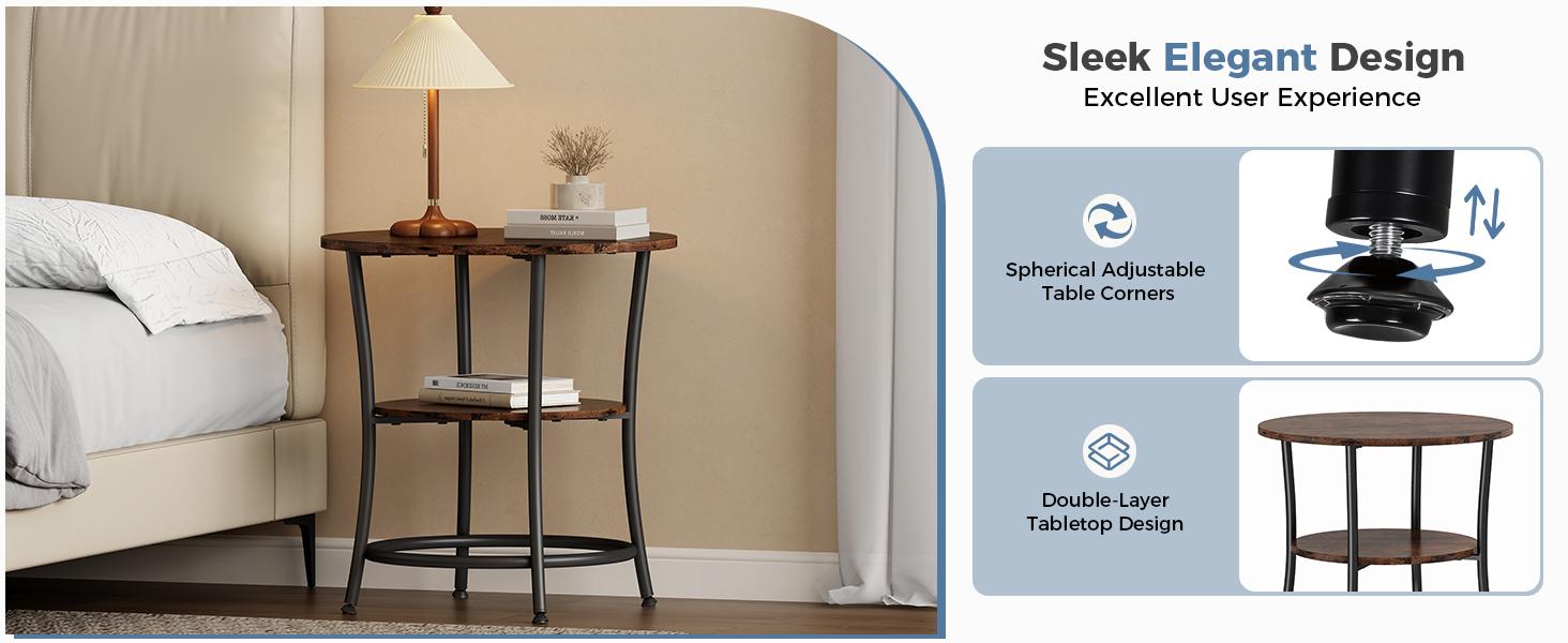 2-Tier Side Round Table for Living Room, Accent End Table with Storage Shelf,Sturdy Metal Frame Nightstand for Small Space, Round Bedside