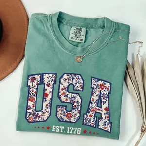 Comfort Colors Floral USA Shirt, American Girl T-Shirt, USA Est 1776 Shirt, Girly 4th of July Shirt, Patriotic Women Tee, Flower USA Shirt Casual Fashionable Top