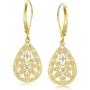 925 Sterling Silver Teardrop Dangle Earrings for Women Cubic Zirconia Leverback Filigree Drop Dangle Earrings Jewelry Hypoallergenic Silver Teardrop Filigree Earring for Gifts