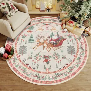 Santa Reindeer Sleigh Christmas Gift Rug, Home Decorative Rug, Large Round Carpet for Living Room Bedroom, Vintage Fashion Luxury Washable Non-Slip Mat