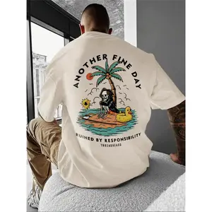 Men's skull and beach print round neck T-shirt, regular fit casual street wear short sleeved T-shirt, men's summer daily top, tropicalRAIMENTRY