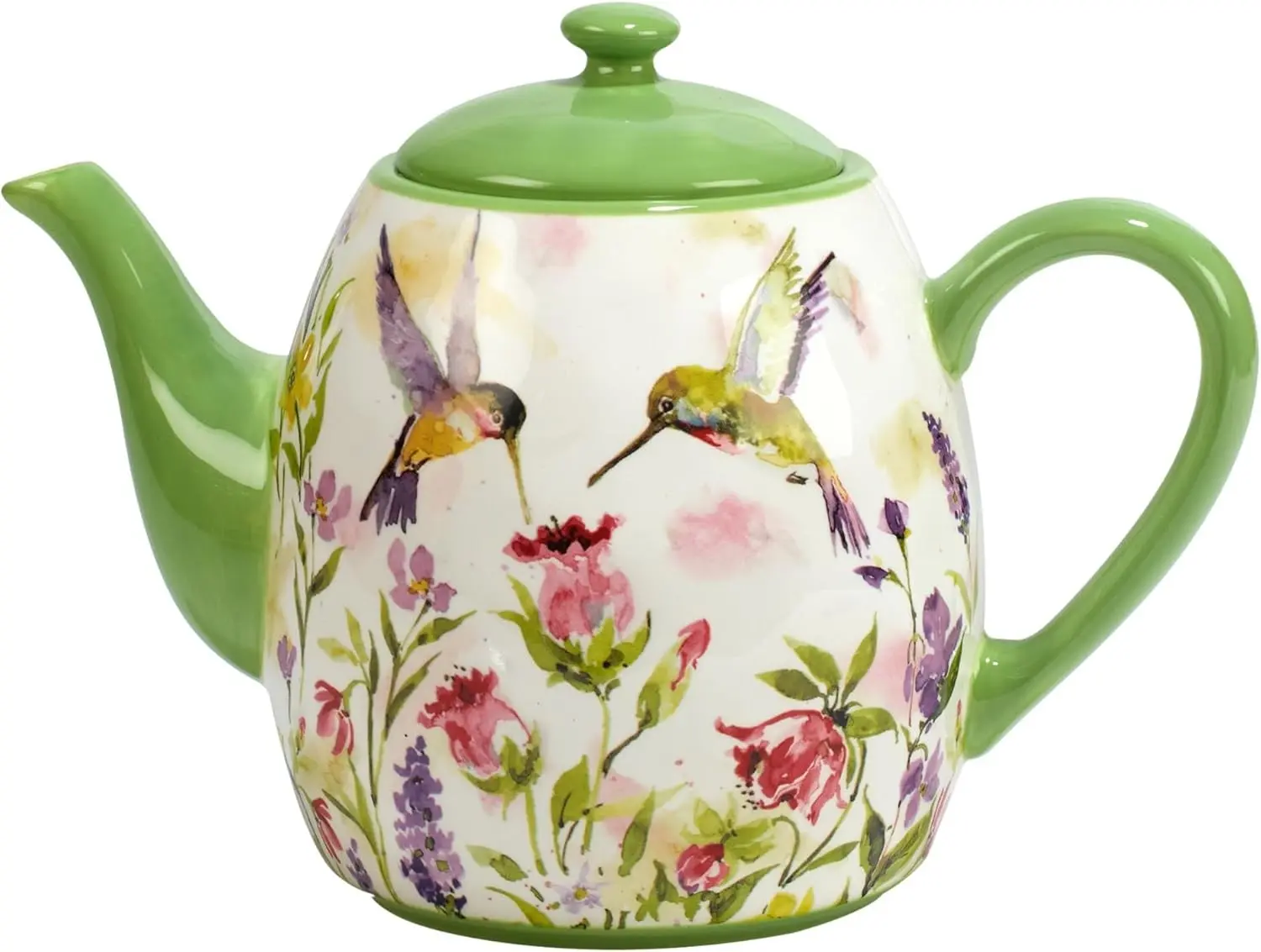 40 oz Glossy Ceramic Hummingbird Teapot with Classic Curve Spout & Lid, Watercolor Floral Design, Dishwasher-Microwave Safe, Serving Loose Leaf/Bagged Tea, Ideal for Garden Lovers