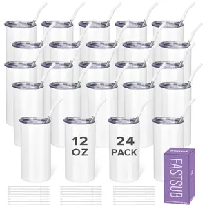 FASTSUB 12 oz Insulated Straight Skinny White Stainless Steel Sublimation Tumbler Blanks (24 Pack Option), Travel Flasks with Metal Straw & Lid, 12 Pack Bulk for Heat Press DIY Transfer