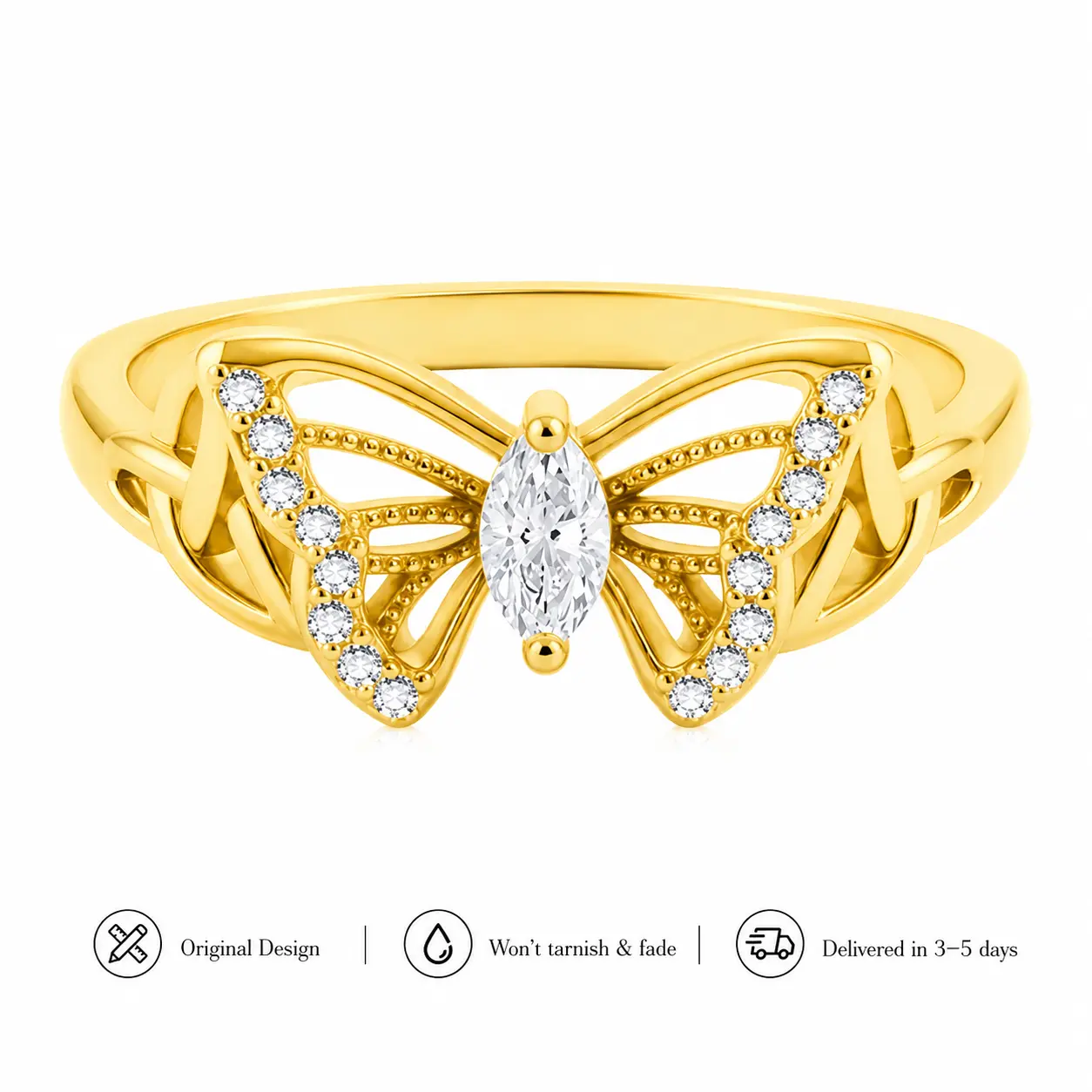 Butterfly Ring for Women 14k Gold Plated, Marquise Cut Cubic Zirconia Butterfly Ring, Elegant Openwork Band, Fashion Jewelry, Anniversary Birthday Gift for Her