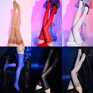 2 Pairs/3 Pairs Women'S Bright Color Horse Oil Thigh High Stockings Peacock Lace Over Knee Thigh High Socks Shiny Reflective High Tube Sexy Stockings