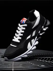 Parent-Child Navy-White Color-Block UK Flag Logo Breathable Mesh Sneakers, Retro Casual Style, Breathable Mesh Material + Stripe Decoration + Serrated Non-Slip Sole, Parent-Child Compatible, Flag Element Eye-Catching , Ideal for Daily Outfits & Parent-Chi