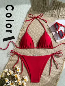 Women's Solid Color Halter Triangle Bikini Set, Strappy Two-Piece Sexy Vacation Beach Swimwear, Fashionable Swimsuit for Summer, Triangle Bathing Suit, Triangle Bikini Top, Tie Back Bikinis