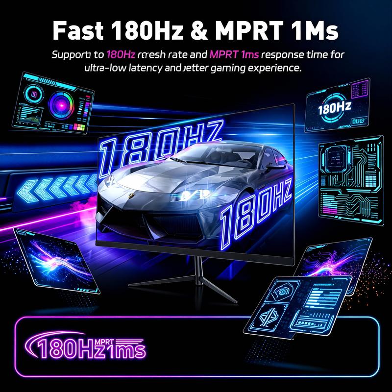 24" 180Hz Gaming Monitor – FHD 1080P IPS Display,1ms Response,AMD FreeSync,Built-in Speakers,100% sRGB,VESA,Borderless Design for Multi-Monitor Setup