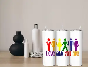 Love Who You Are 20 oz. skinny tumbler with leak-proof slide closed lid, non-skid bottom, straw and straw cleaner brush in gift box Cup Drinkware Stainless Steel Dye Handmade Rainbow Pride LGBTQIA+ Inclusion Ally