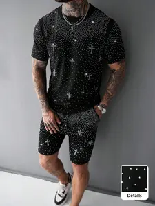 2026 Viral Rhinestone Cross Two-Piece Set | TikTok Trending Men's Streetwear – Shiny Rhinestone Embellished Round Neck Graphic T-Shirt & Shorts, Soft Fabric, Perfect for Night Out, Club & Festival Looks