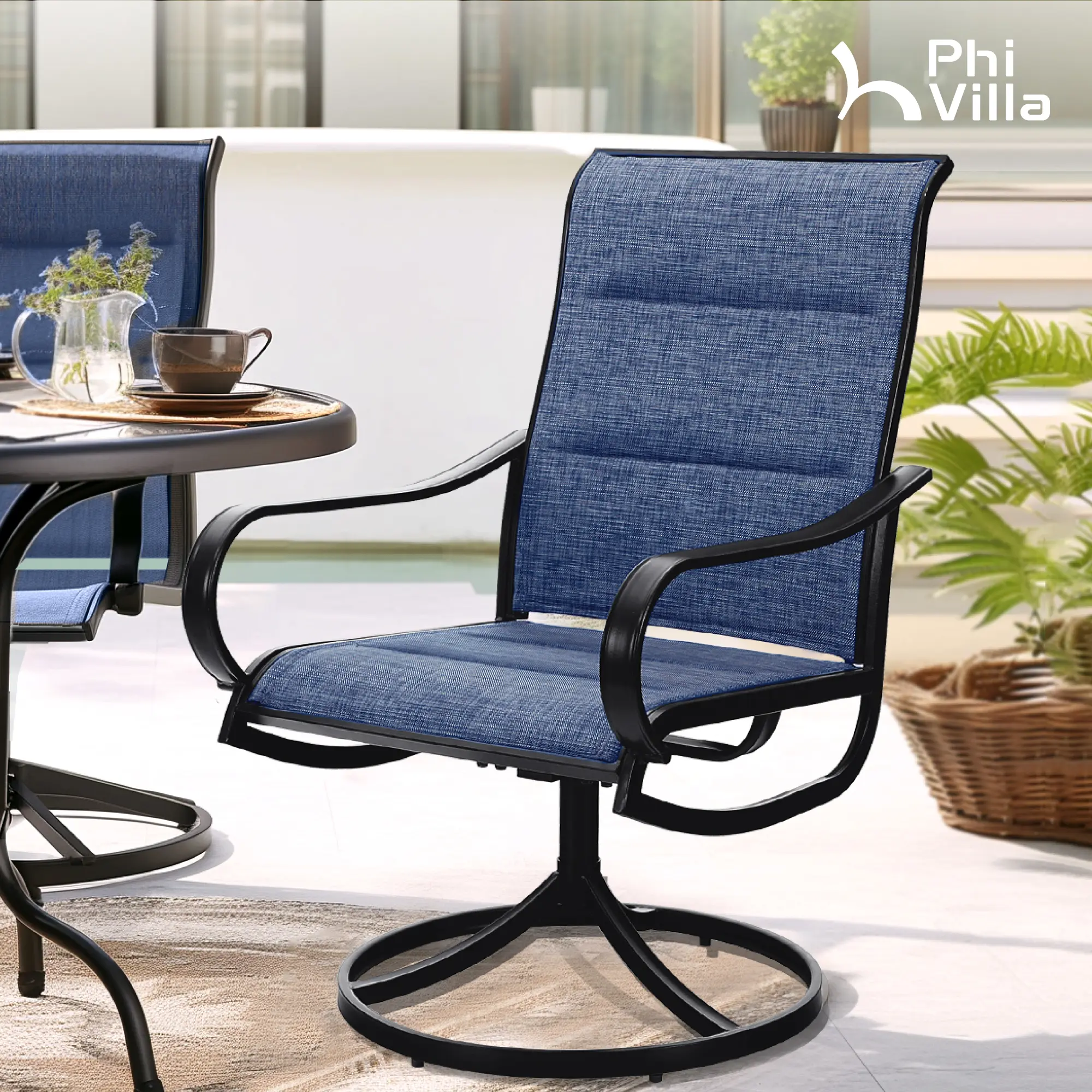 PHIVILLA Patio Swivel Dining Padded Chair with Textilene Mesh Fabric, Black Metal Frame, 360-Degree Swivel, 15-Degree Rocking, Outdoor Use