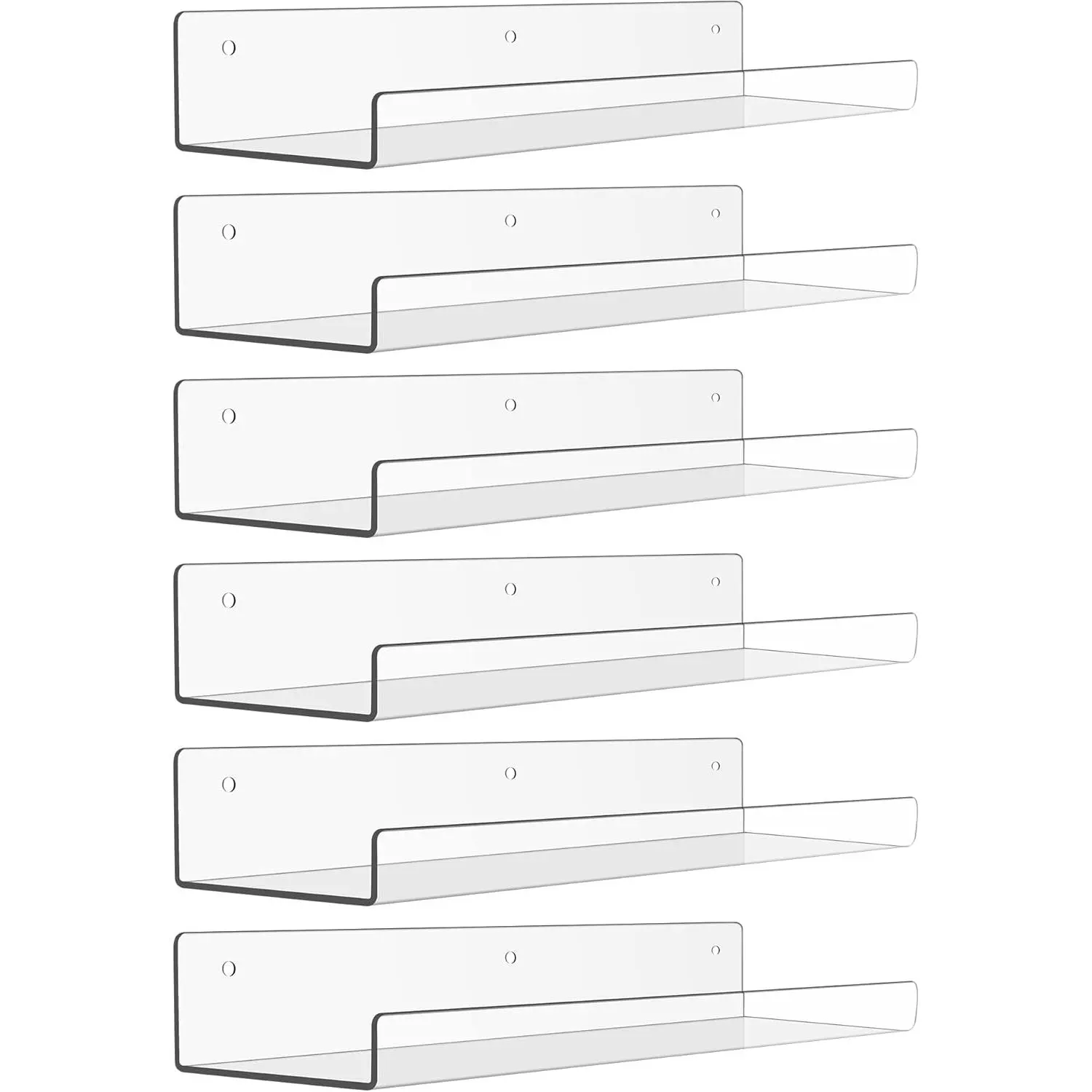 6-Piece Transparent Acrylic Wall-Mount Rack Shelves (15in x 4in) - Waterproof Floating Home Supplies for Room & Multiple Rooms, Kitchen Storage, Children’s Items Organization, Blank Wall Decor Solutions