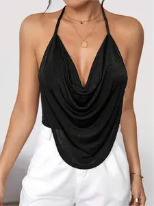 Sexy Halter Neck Crop Top for Women, Trendy Asymmetrical Hem, Casual Fashionable Fitted Sleeveless Summer Wear, Stylish Ladies' Clothing, Solid, Womenswear