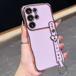 Fashionable Wrist Strap Stand Phone Case for Galaxy S22 S23 S24 S25 S26 Plus Ultra Fe, Simple Protective Cover, Electroplated Wave Design