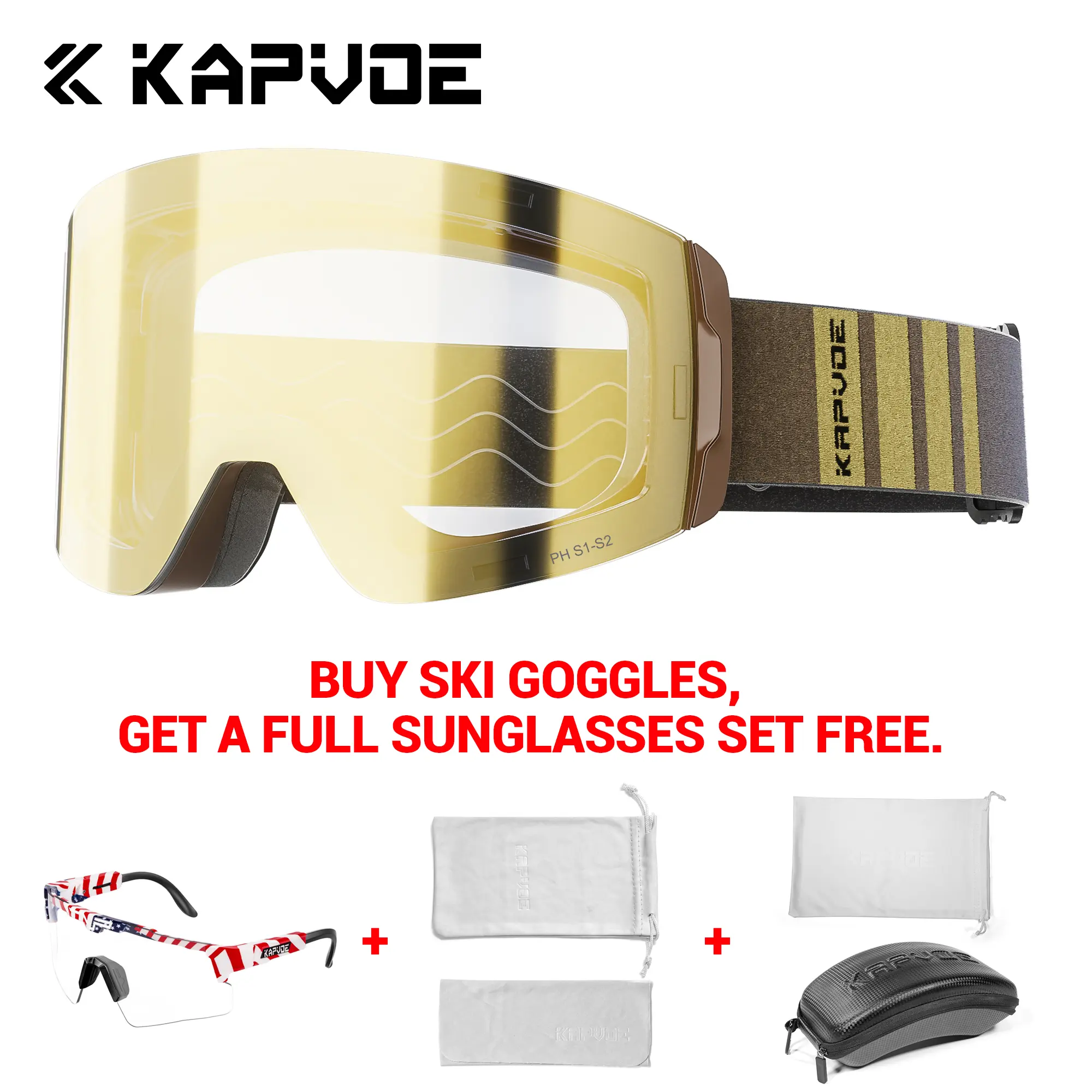 KAPVOE Unisex HD Ski Goggles, Photochromic, Helmet-Fit, Anti-Fog, Quick Release Stucture, Winter Snowboarding Mountain Outdoor Sports Eyewear with Optional Photochromic Lenses