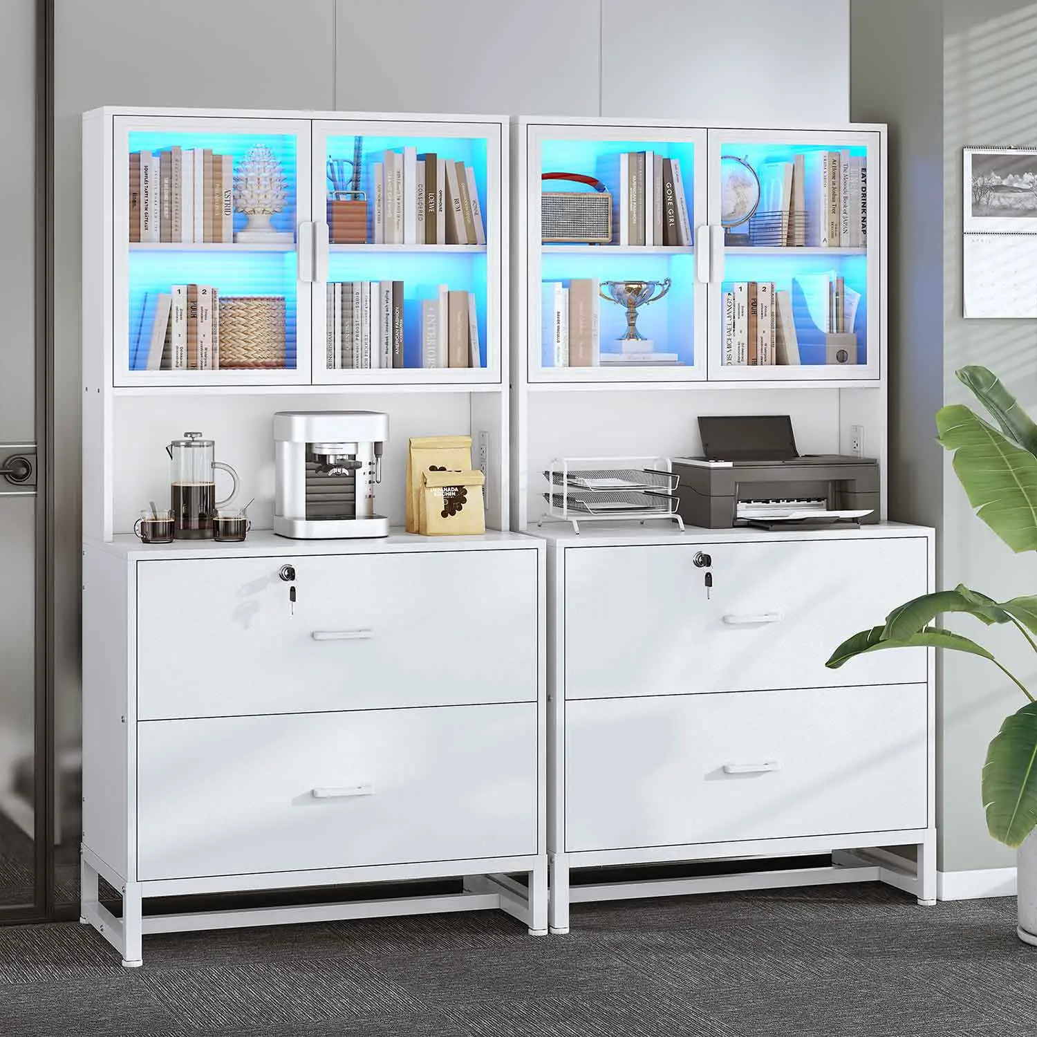 Sedeta 2-Drawer Locking Wood Wardrobe Cabinet Chest - Lock, Shelf, Charging Port, Attached Bookcase - Modern Commercial Office Furniture for Organization