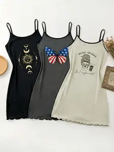 Mixed Color Cartoon Three-Piece Set Nightdress, Wave Edge Skirt, Soft Skin-Friendly Fabric, Sexy Home Sleepwear, Loungewear