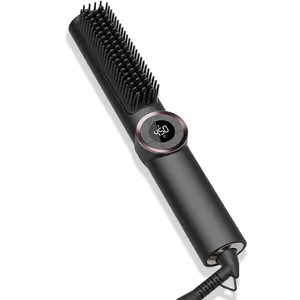 Hair Straightener Brush - Upgraded Ionic Plus Straightening Brush with Dense Bristles, 16 Temps, Dual Voltage | Ceramic Hot Comb for Women | Flat Iron for Thick Curly Hair