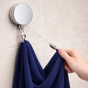 2-Pack Retractable Towel Holder with Strong Clips – No-Drill Self-Adhesive Wall Mount for Bathroom & Kitchen, Stainless Steel