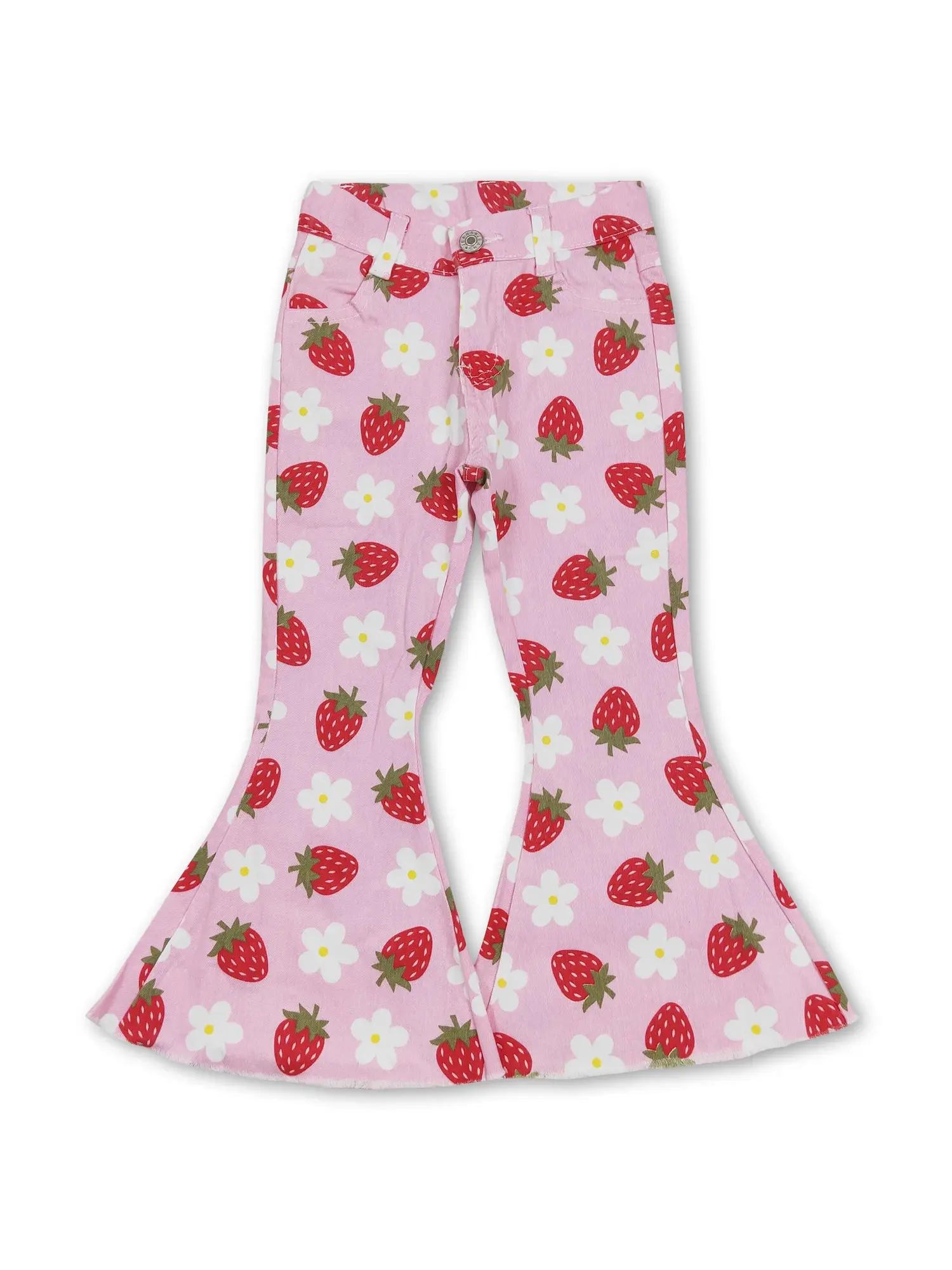 Girls' Stretchy Pink Strawberry Print Denim Bell Bottoms, Kids' Casual Pants