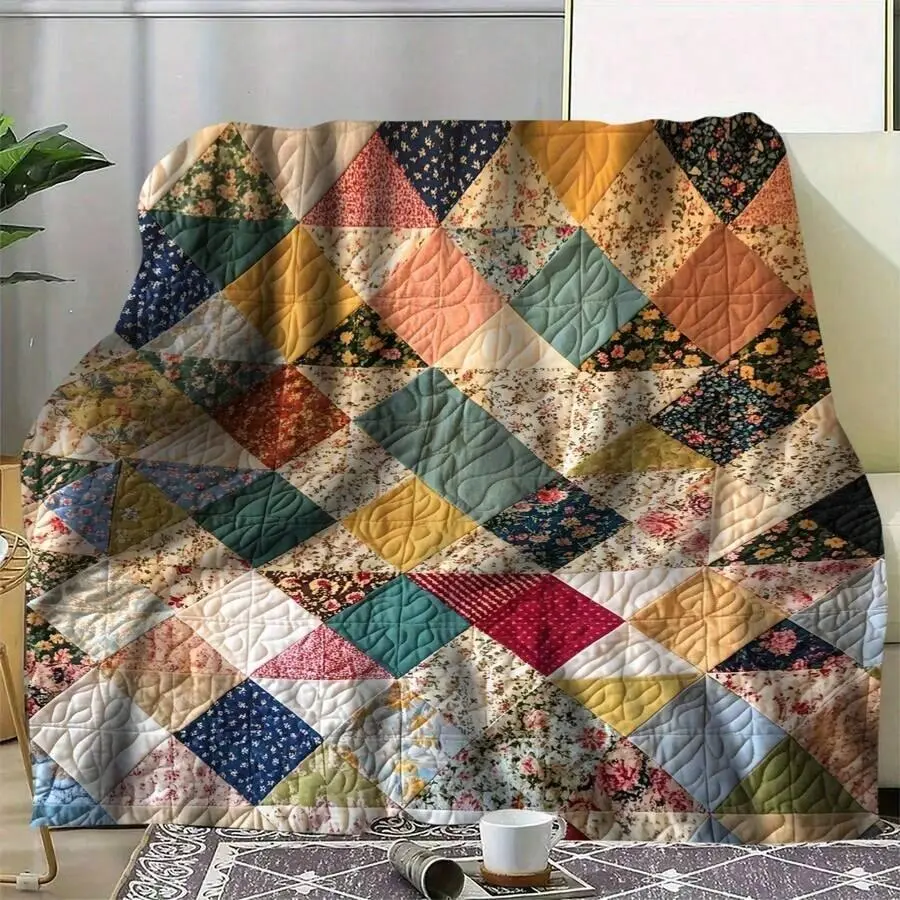 Colorful patchwork floral blanket, soft blanket, modern geometric design, suitable for all seasons, medium-weight fabric, machine washable, perfect for home decor and naps, a comfortable home accessory|Vibrant quilted design|Durable