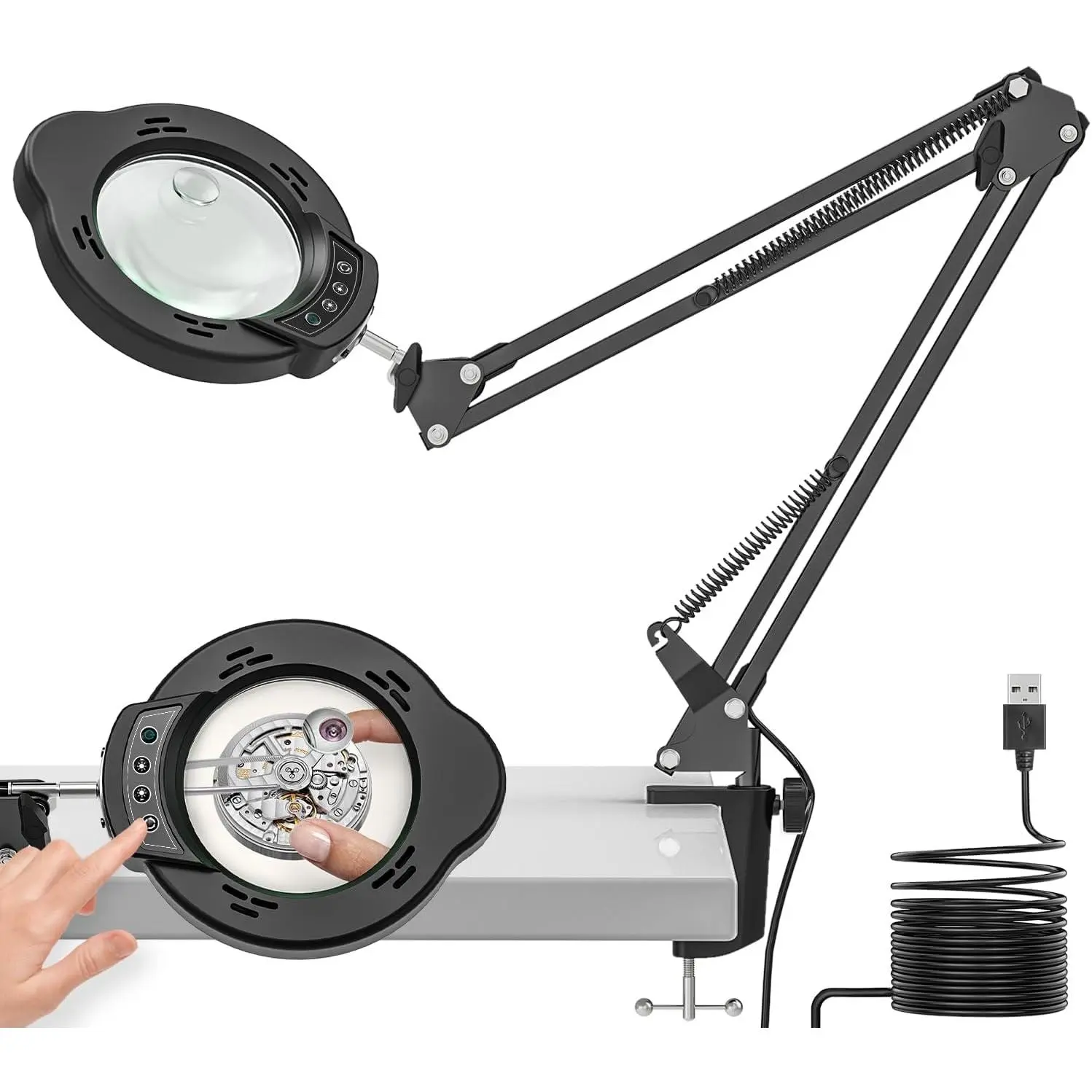 Clamp-On Magnifying Lamp with Light, 15X&10X Zoom, 84 LEDs, 4.2-Inch 98% Light Transmittance Real Glass Lens, 5 Color Modes, Stepless Dimmable, 27.6-Inch Adjustable Arms Hands-Free USB Powered Lamp for Repair, Sewing