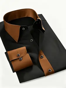💯Confidence-Boosting Stretchy Contrast Color Black Shirt | Men's Daily Office Wear Eye-Catching Slim Fit Long Sleeve Button Down Shirt, Premium Versatile Business Casual Shirt, Top, Menswear