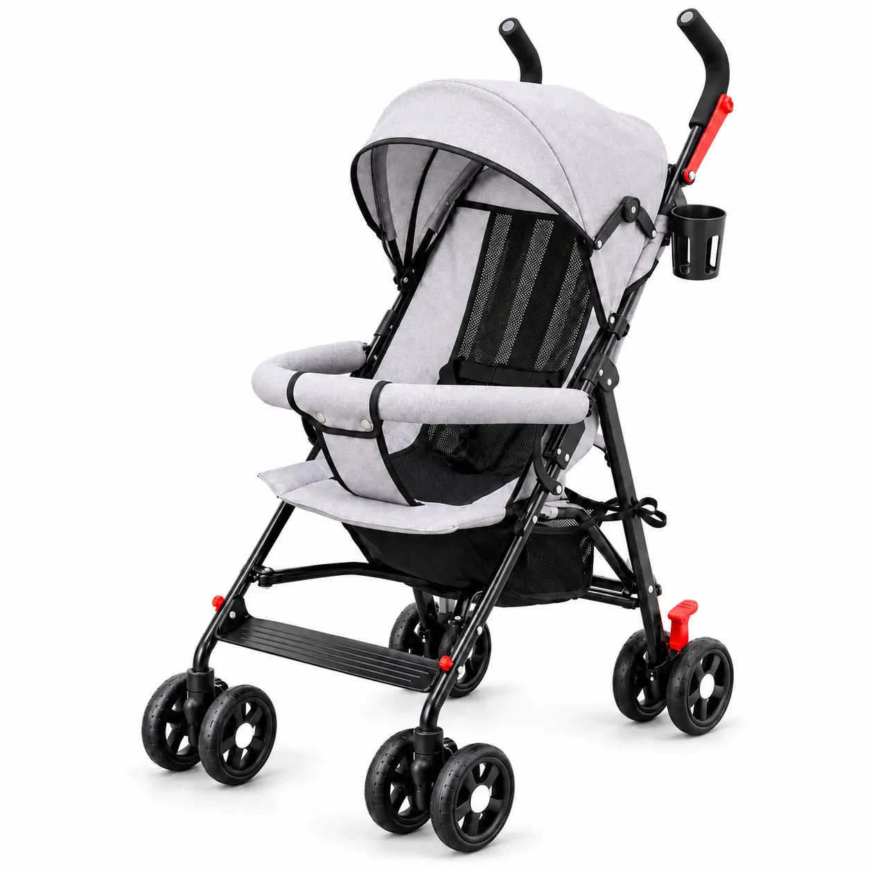 Lightweight Baby Stroller, Sturdy Infant Stroller for Outdoor Use & Travel, Compact Foldable Design with Adjustable Canopy, Breathable Mesh Seat, Hanging Cup Holder, Storage Basket & Swivel Wheels, Grey large one-click fold 1-click handle convenience tiny