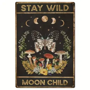 Vintage Moon & Butterfly Pattern Metal Sign, Stay Wild Moon Child Theme Wall Art Decor, Wall Decor for Home Living Room Bedroom Garden, Yard Sign