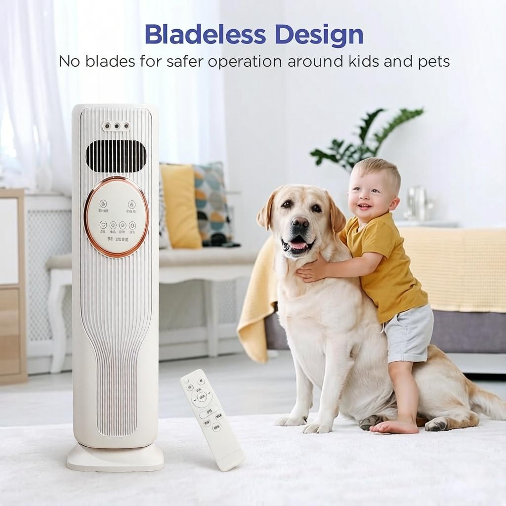 2-in-1 Bladeless Tower Fan & Space Heater – 3 Speeds, 2 Heat Settings, Remote Control, Ice/Water Cooling, Energy Efficient, Quiet Operation – All-Season Home Comfort Essential