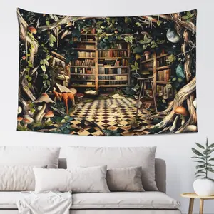 Mushroom Bookshelf Wall Hanging Tapestry - Aesthetic Light Decor, Magical Boho Cottagecore, Mushroom House, Fairy Forest, Mood Aesthetic, Whimsical Fairycore Tapestry for Bedroom Home Decor, Mushroom House Tapestries, Fairy Forest Tapestries