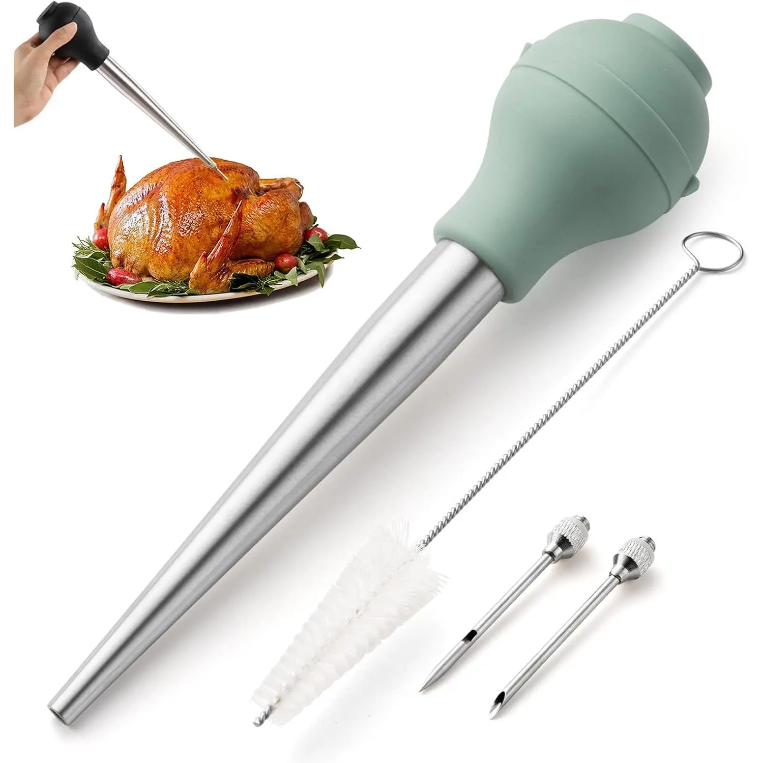 Sage Food Grade Turkey Baster with Detachable Cleaning Brush - Kitchen Utensils for Cooking, Deluxe Set