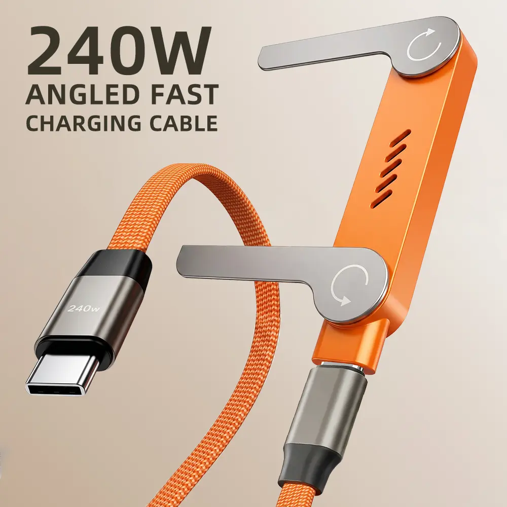 240W USB C to C Fast Charging Cable with Foldable Phone Stand, 1.5M/5ft Braided Nylon Cord, Angled Connector for Gaming & Streaming, Supports 480Mbps Data Transfer, Durable L-Shape Charger for iPhone 15, MacBook, iPad & Samsung