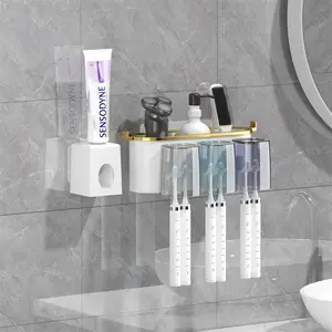Toothbrush Holder Set, 1 Set Wall Mounted Toothbrush Holder with Gargle Cup & Toothpaste Dispenser, Bathroom Organizer for Toothpaste & Brushes, Home Supplies