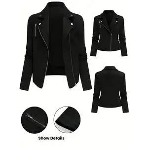 Women's Textured Fabric Moto Jacket with Collar, Zipper Casual Motorcycle Coat, Stylish Ladies Outerwear for Spring & Fall Seasons