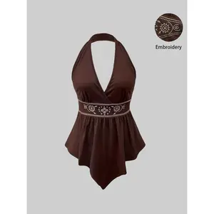 Floral embroidered vest, asymmetrical hem, bohemian-style women’s vest, suitable for summer back-to-school fashion GARMENTARY