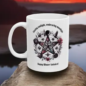 Mystical Winter Solstice Mug, Pagan Pentagram and Celestial Design, Unique Wiccan Gift, Celebrate Yule, Sunlight, and Moonlight Magic Drink Drinkware Ceramic Cup Reusable Reuse Washable