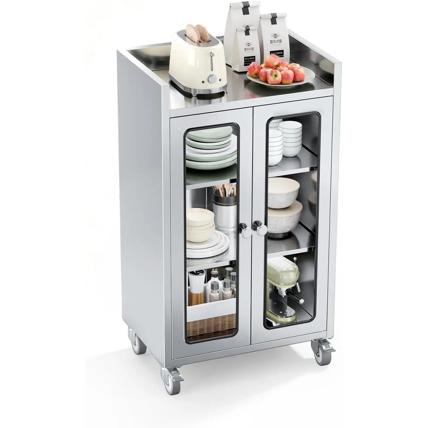 ROVSUN Stainless Steel Table with Cabinet & Wheels, 23.6" x 15.7" Commercial Kitchen Workbench for Pre Work with Glass Door, Large Space Storage for Kitchen Restaurant Hotel Garage Warehouse