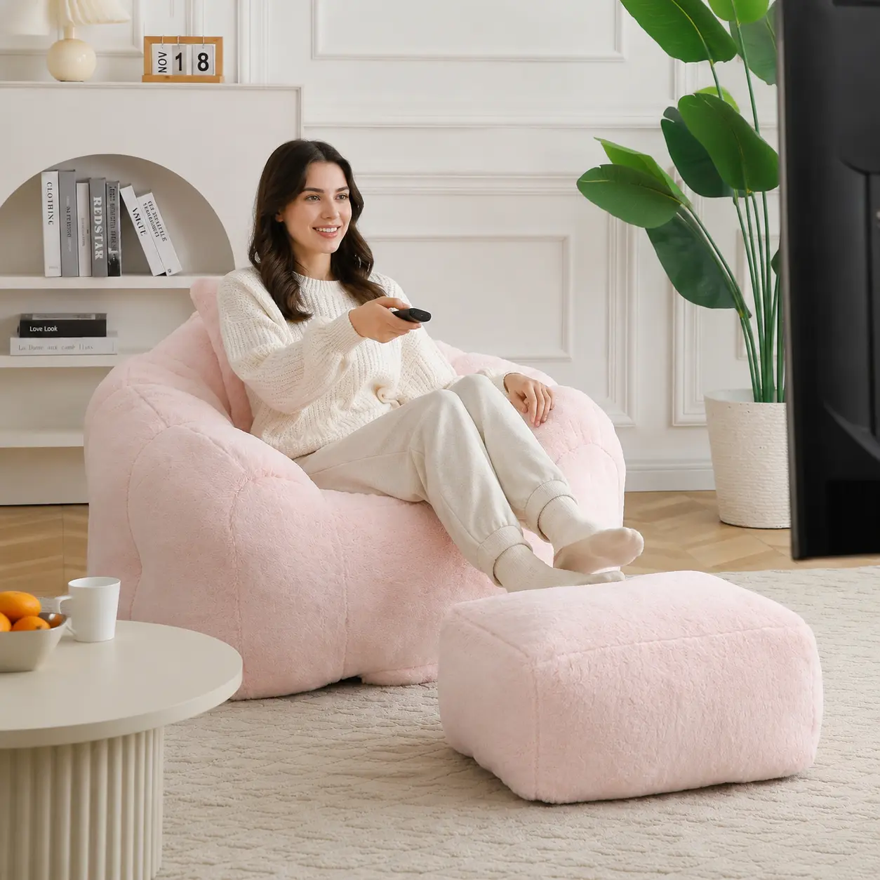 [Fahuac] Shell-Shape Faux Fur Bean Bag Chair with Ottoman, 45.4"x36"x25.6" High-Resilience Foam Ergonomic Lounge Chair, Lazy Sofa for Adults and Kids, Modern Indoor Furniture for Living Room, Bedroom