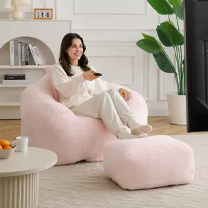 [Fahuac] Shell-Shape Faux Fur Bean Bag Chair with Ottoman, High-Density Foam Ergonomic Lounge Chair, Beanbag Lazy Sofa, Modern Indoor Furniture for Living Room, Bedroom