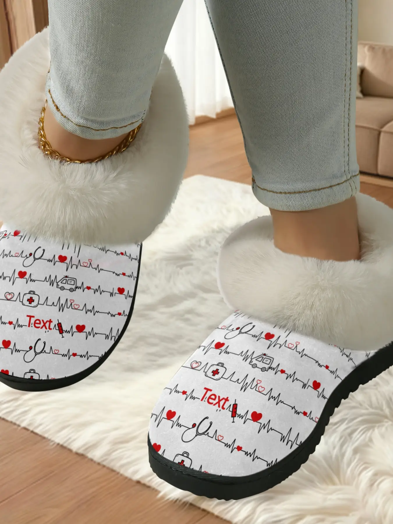 Heartbeat Theme Cotton Slippers Set, Warm Textile Lining, Non-Slip Thick Sole, Casual Home Shoes for Nurses & Healthcare Workers