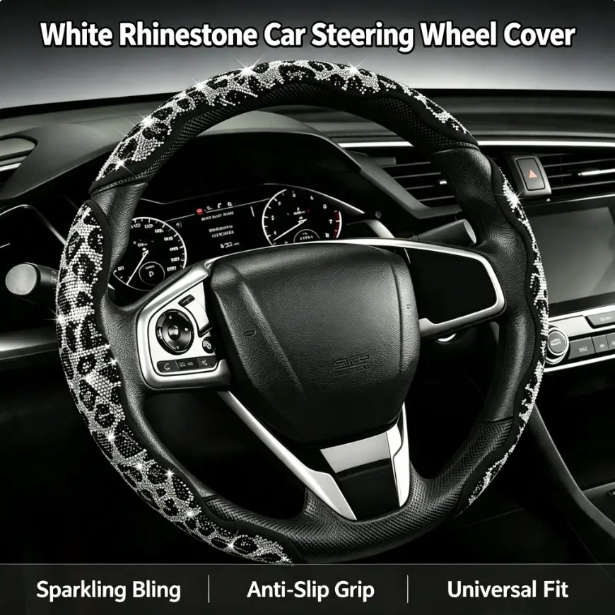 2026 New Rhinestone Leopard Print Steering Wheel Cover for Women, Bling Diamonds Protector with Non-Slip Breathable Fabric, Easy-Fit Girly Car Interior Accessories, Comfortable Grip